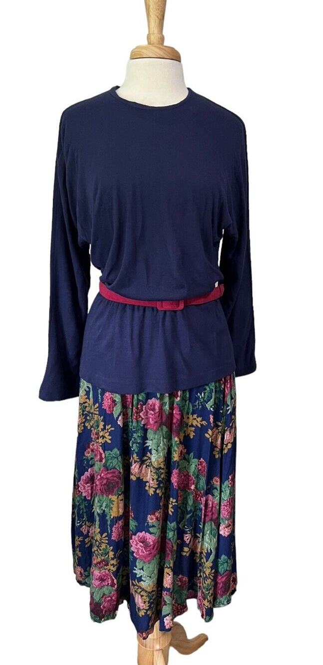 Vintage 90s Alison J Belted Peplum Maxi Dress Cottagecore Light Academia sz 12